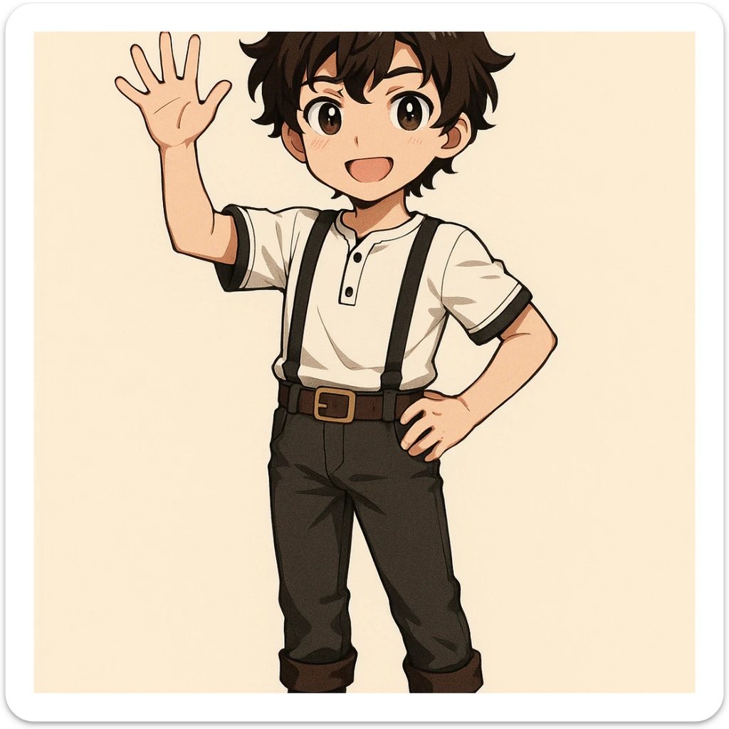 young anime boy with dark wavy hair, wearing a simple golden crown, white shirt with black trims and black suspenders, dark pants with belt and boots, standing confidently with one arm raised saying hello sticker