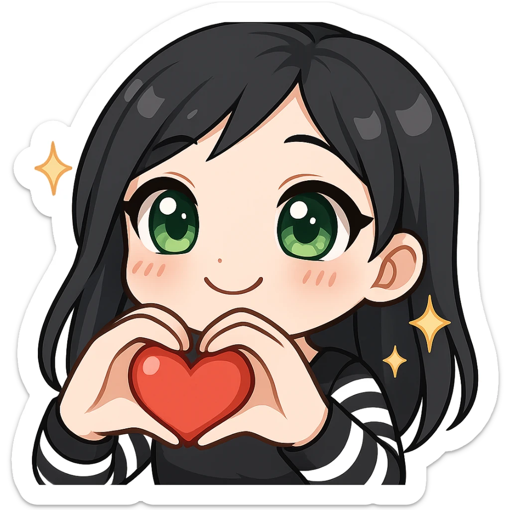 Twitch emote of a girl with black hair and green eyes, making a heart with her hands, in a shiny, detailed chibi style with large eyes, sparkles, soft shading, and a loving expression, matching the reference style. sticker