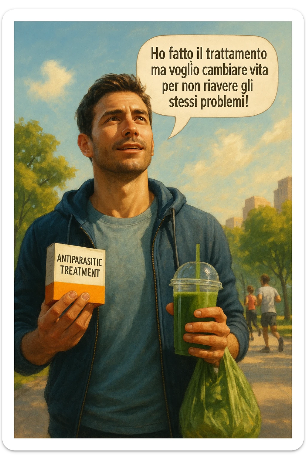 A realistic, cinematic illustration of a man in his early 30s with a determined and hopeful expression, standing outside under a bright morning sky, holding a small box labeled 'Antiparasitic Treatment' in one hand, while in the other hand he holds a fresh green smoothie or a bag of vegetables. A speech bubble near him says: ‘Ho fatto il trattamento ma voglio cambiare vita per non riavere gli stessi problemi!’ The man is wearing casual but clean and sporty clothing, symbolizing a fresh start, with the background showing a city park with green trees, morning light, and people jogging, indicating a healthy lifestyle. The atmosphere is bright, uplifting, and motivating, clearly illustrating the transition from treatment to lifestyle change to prevent future health issues. The style is realistic with warm tones, showing positive energy and commitment to change in italiano sticker