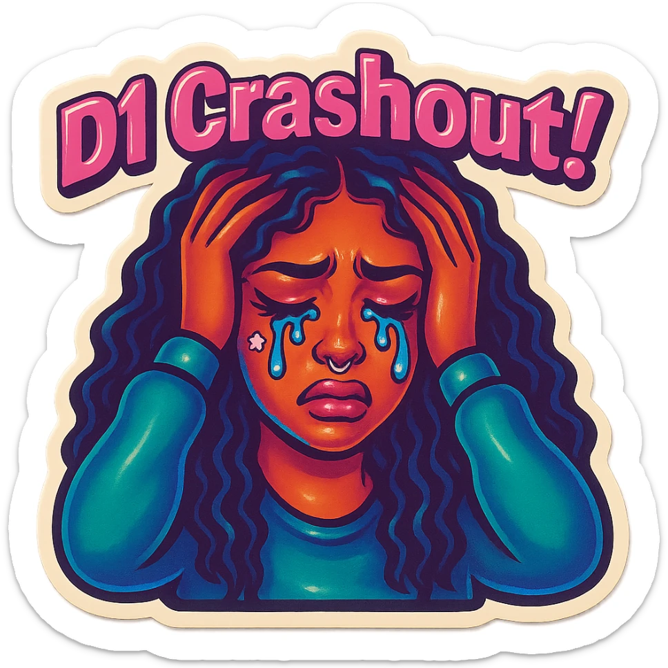 Crying Holding head 
add the wordsD1 Crashout!  in pink  sticker