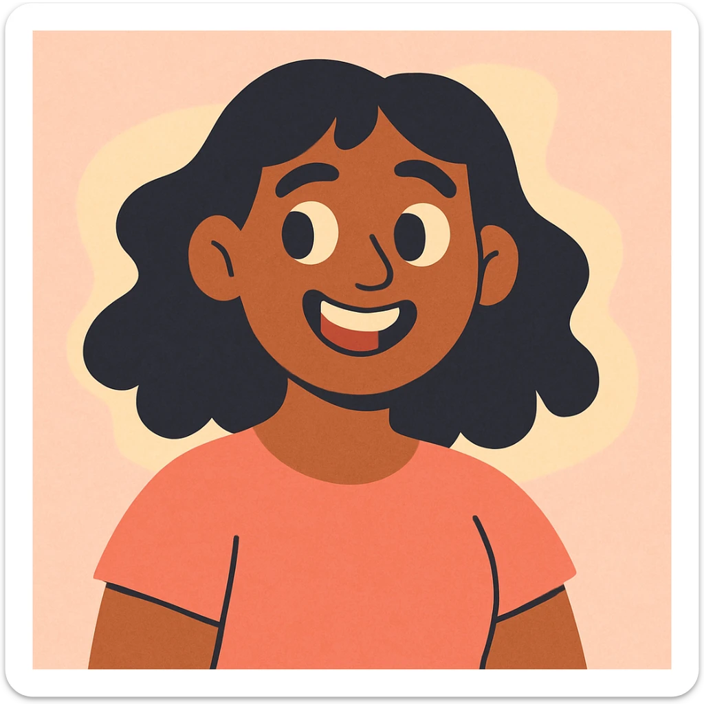 woman with brown skin, black hair, smiling, soft pastel illustration style sticker
