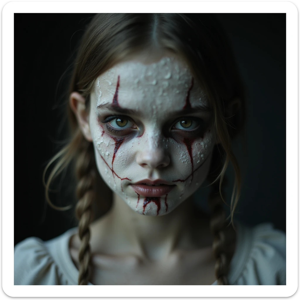 realistic horror portrait of a beautiful scary girl with cracked porcelain skin, supernatural aura, intense gaze, photorealistic sticker