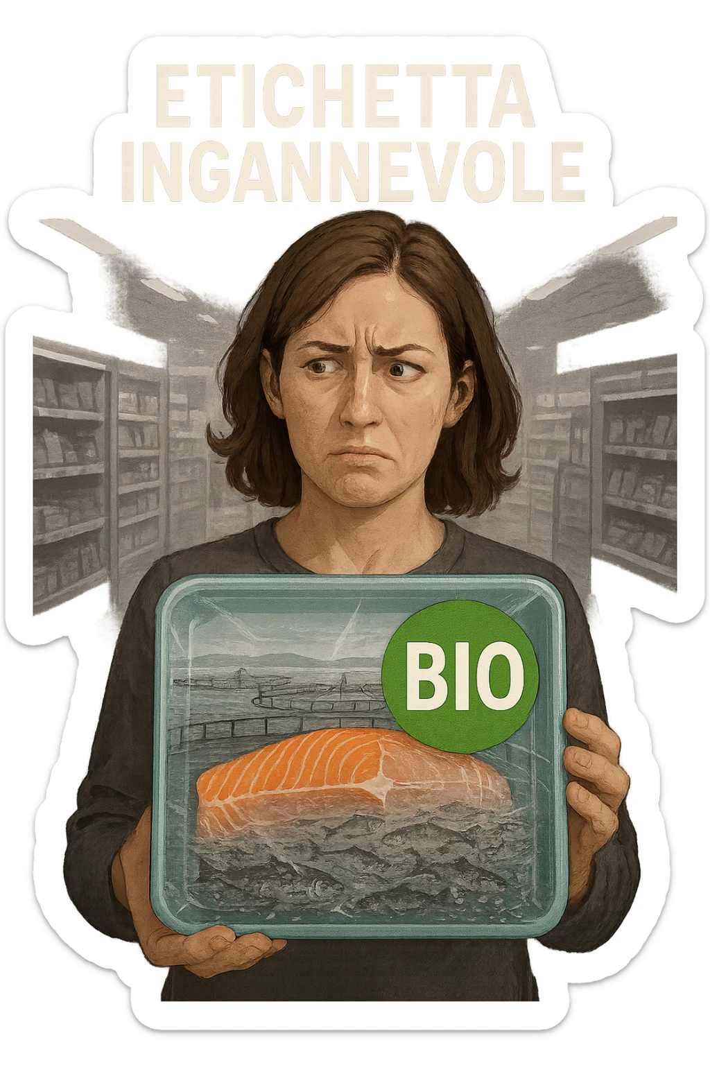 Scena in un supermercato moderno: uomo o donna tiene in mano una confezione di salmone etichettata 'BIO', con un grande bollino verde. Ma in trasparenza, dietro l’etichetta, si intravede un allevamento intensivo di salmoni in gabbie marine, acqua torbida e pesci ammassati. Espressione del cliente confusa e sospettosa. Sopra la testa, testo simbolico fluttuante: 'Etichetta ingannevole'. Colori contrastanti: confezione brillante ma realtà di fondo grigia e artificiale. Stile realistico con elementi simbolici forti sticker