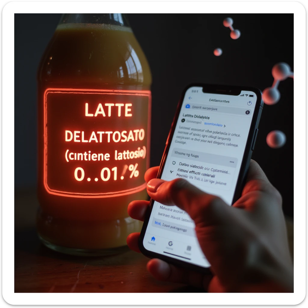 hyper-realistic extreme close-up of an ingredient list showing 'LATTE DELATTOSATO (contiene lattosio <0.1%)' glowing red, a man's finger pointing at the label, his phone screen displaying a Google search for 'Lattasi sintetica effetti collaterali', and a floating lactose molecule nearby sticker
