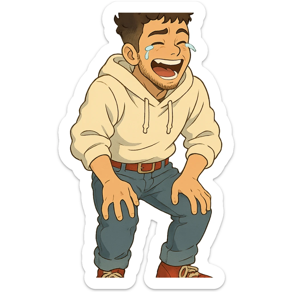 1 male, mid fade haircut dark chestnut brown curly hair, toasted lightskin, white hoodie sleeves up, fashion jeans, red fashion-sneakers shoes, red belt, short trimmed beard and goatee,  style of deku from "my hero academia", laaughing to the point of tears sticker