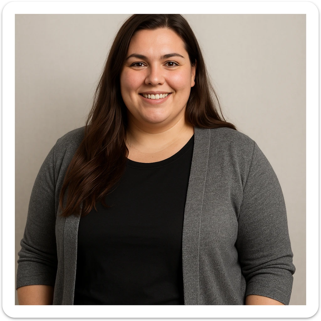 kräftige Frau mit langen braunen Haaren, neutraler Hintergrund, freundlicher Ausdruck, Oberkörper, moderne Kleidung, klare Details sticker