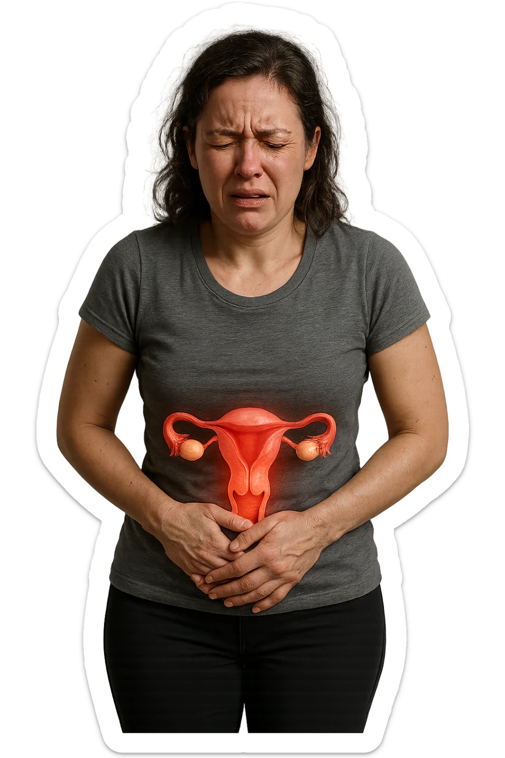 donna a figura intera con utero umano realistico in 3d in evidenza dolorante, espressione di dolore in volto, sfondo bianco, non farla computerizzata, ma iperrealistica 4k sticker