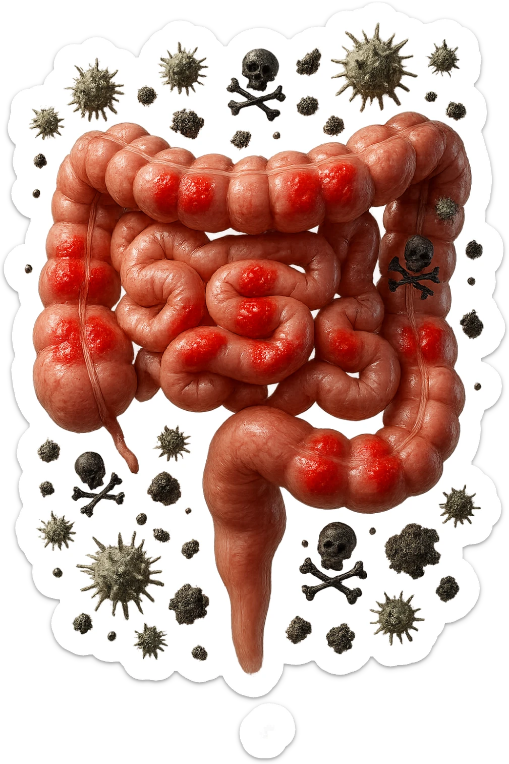 intestino anatomico realistico con red spot di infiammazione CON VARIE PARTICELLE TOSSICHE CHE CERCANO DI ATTACCARLO, IPERREALISTICO 4K sticker