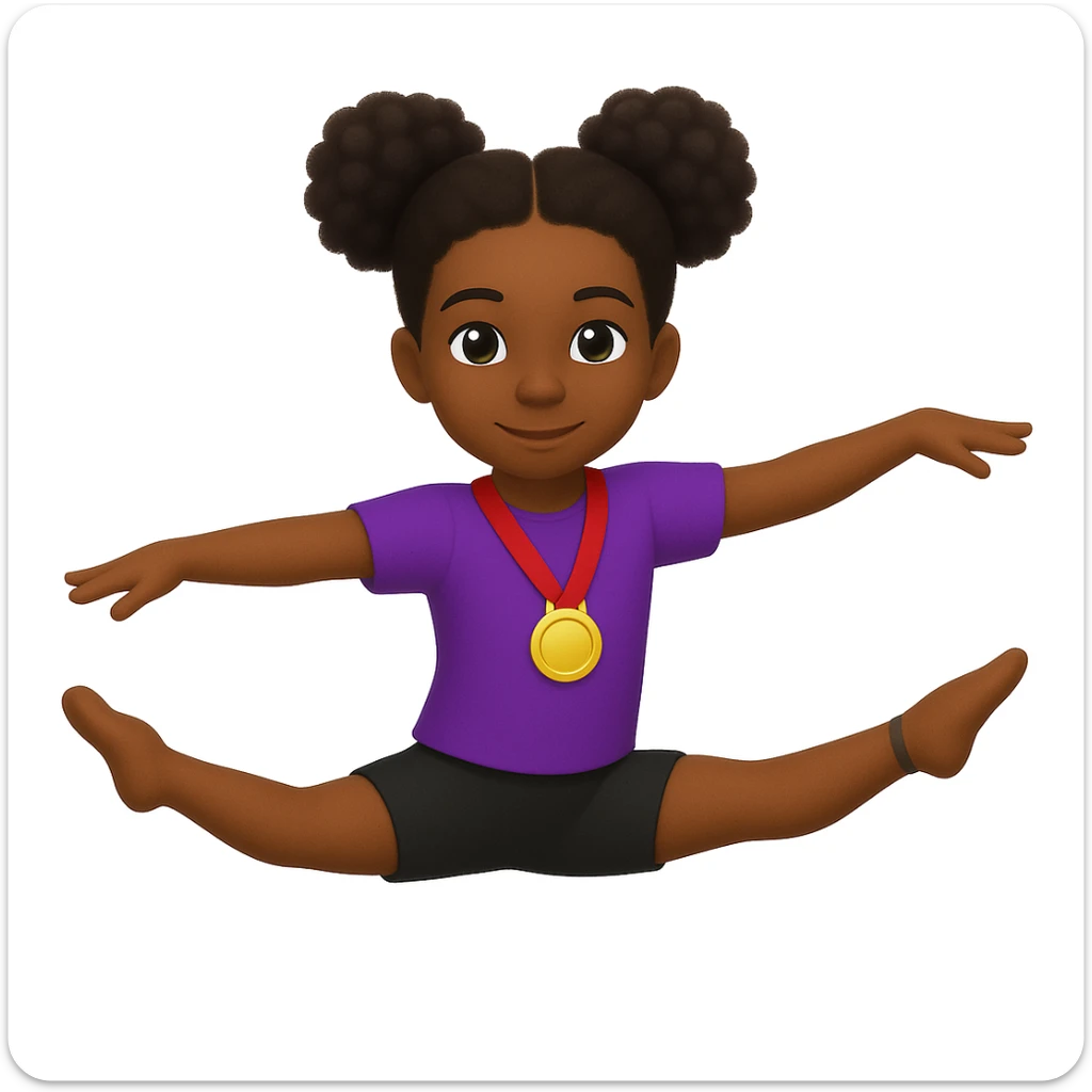Edit the image of a girl in a gymnastics pose with light skin tone. Make her hair all dark brown, add a medal around her neck, and ensure she is wearing shorts and a t-shirt. Keep the gymnastics pose intact. sticker