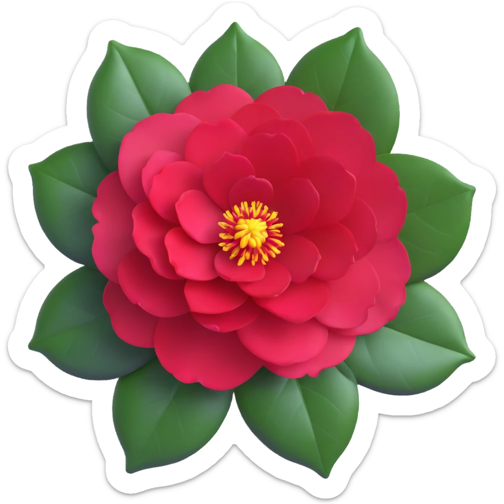 Detailed camellia bloom with formal double form, perfect spiral arrangement of overlapping deep red petals and characteristic glossy oval leaves with fine serrated edges sticker