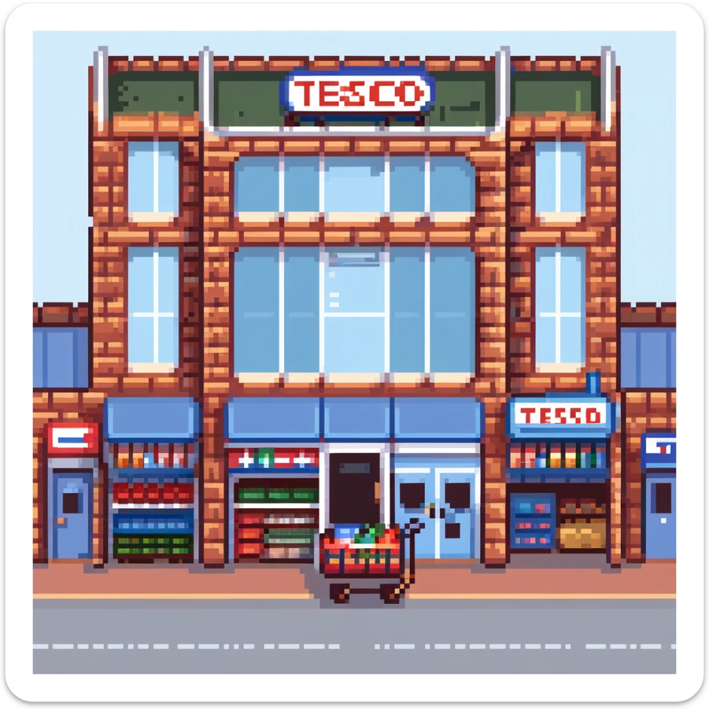 Isometric view of a British supermarket building with red brick facade, Tesco-style signage, shopping trolleys, and small parking area with double-decker bus visible sticker