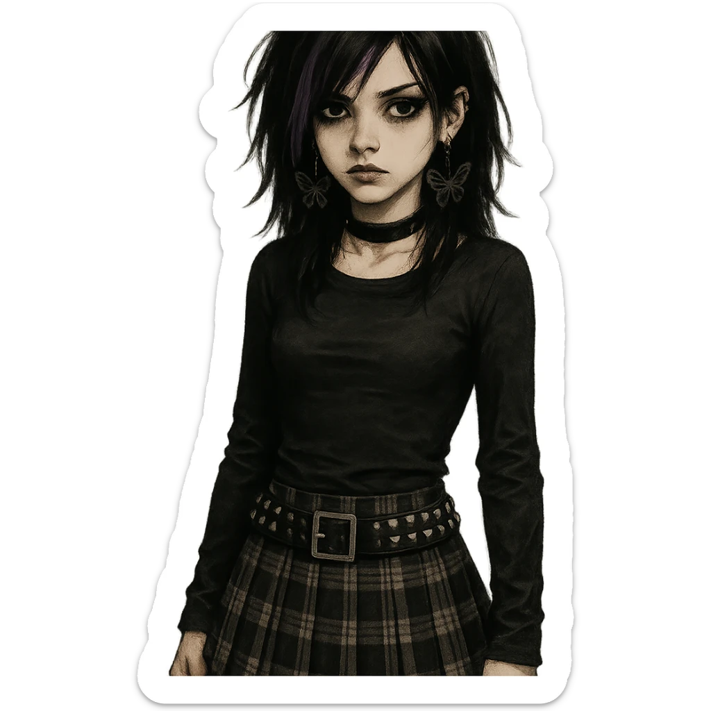 emo girl with plaid skirt, studded belt, butterfly earrings, gothic vibe sticker