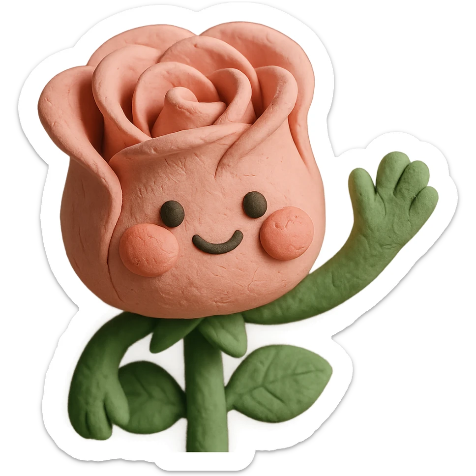 sweet claymation rose character, waving, soft pastel pink petals, super cute puffed cheeks, cartoon style, visible clay texture sticker