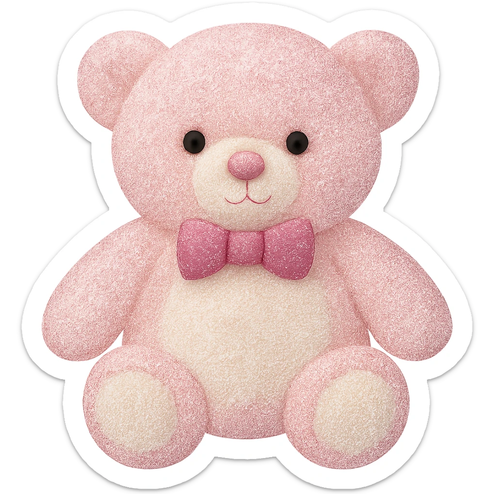 Add a touch of glitter to the teddy bear and its bow tie, keeping the pink and white fur, flat lighting, no shadows or background, soft plush look, maintain transparency. The style should reflect a soft plush teddy bear with pink and white fur and a glittery bow tie, with flat lighting and no shadows or background. sticker