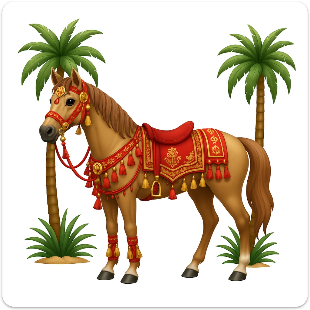 Add traditional Arabian tack and ornate decorations to the Saudi Arabian horse in emoji style, keeping the standing pose with palm trees in the background as is. sticker