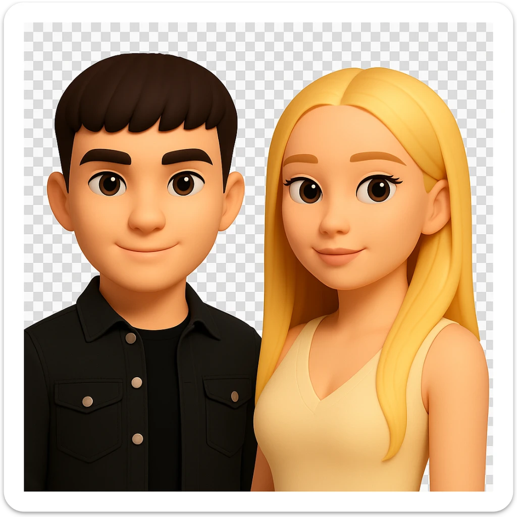 Slightly increase the volume of the upper body of the girl, separate the girl and the boy from each other, make the skin color the same for both characters. Maintain the cartoonish 3D style as in the reference image. Keep the background transparent. sticker
