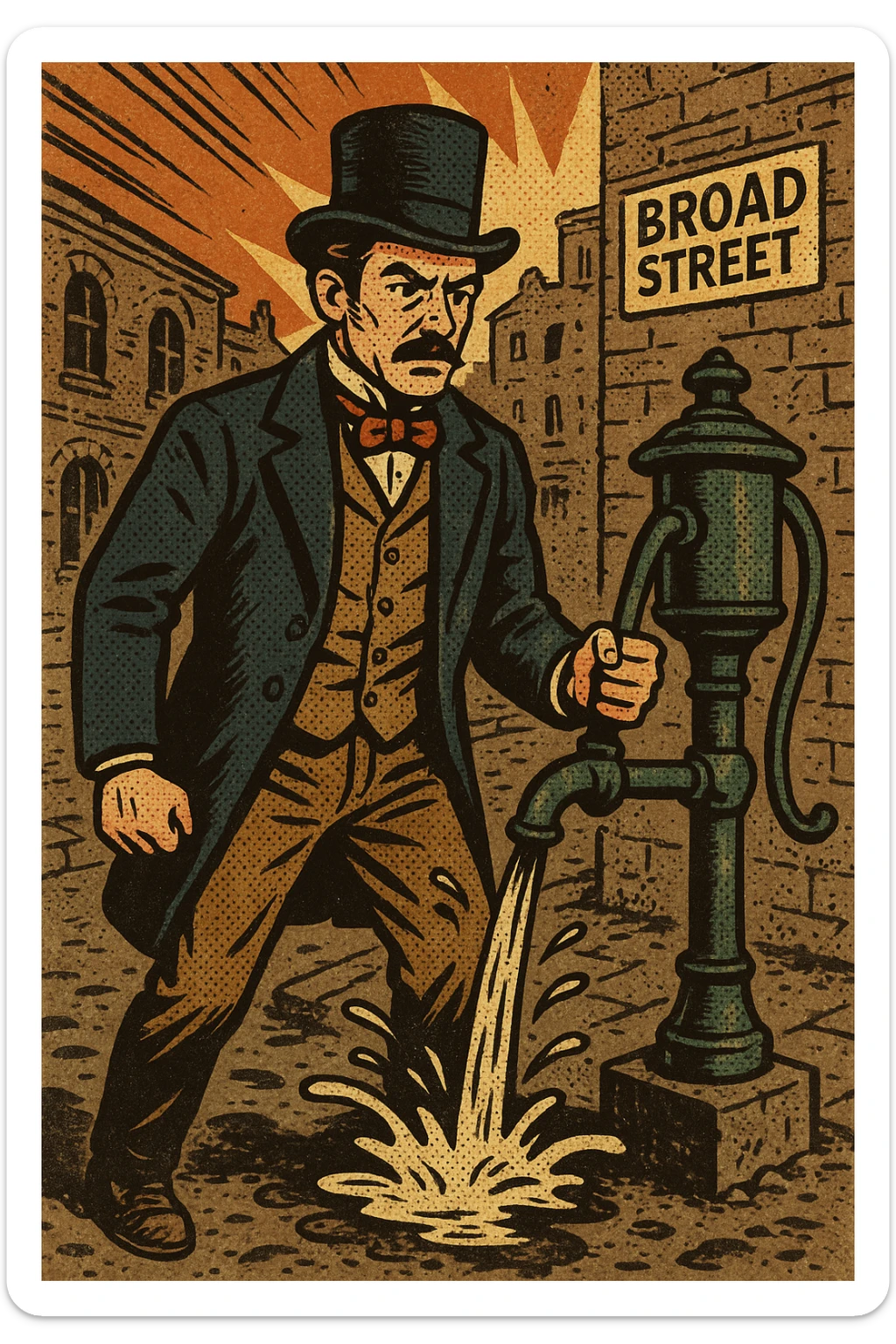A victorian man standing on a dirty london street called Broad Street standing next to a broken water pump sticker