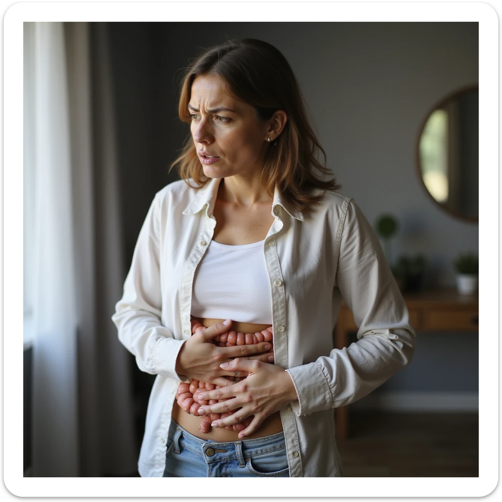 realistic image of a woman with symptoms of intestinal dysbiosis, hand on abdomen, worried expression, anatomical details, domestic environment, natural light sticker