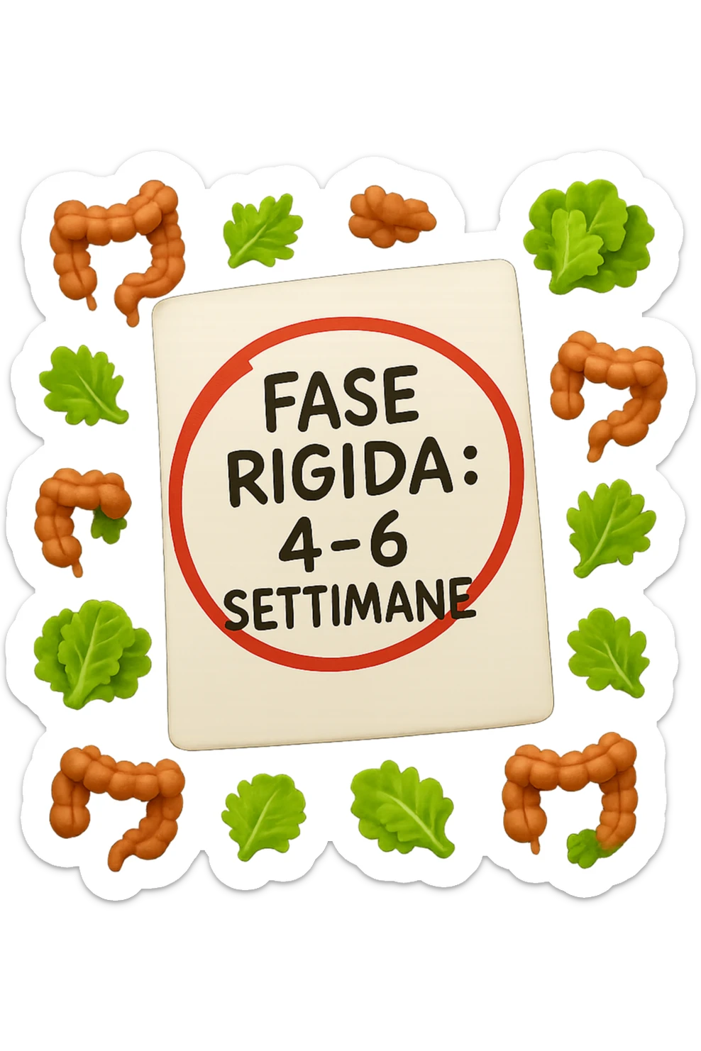 EMOJI STILE IPHONE DI UN foglio di carta fluttua in aria con la scritta "FASE RIGIDA: 4-6 SETTIMANE" CERCHIATA A PENNA IN ROSSO, ATTORNO AL FOGLIO FLUTTUANO PICCOLI TRATTI DI COLON UMANO IN STILE EMOJI E FOGLIE DI INSALATA, REALISTICA 4K sticker