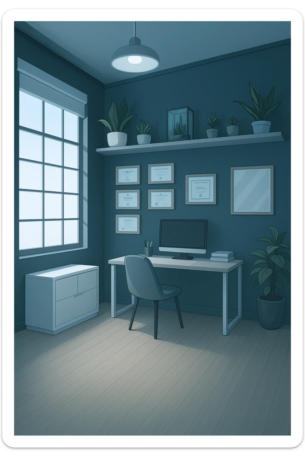 faMMI QUESTA STANZA STILE MANGA/WEBTOON A COLORI SENZA LE PERSONE E SENZA LETTINO, SOLO LA STANZA. FALLA MOLTO PIù LUMINOSA CON LUCI PIù FREDDE E MODERNE, NON LUCI GIALLE sticker