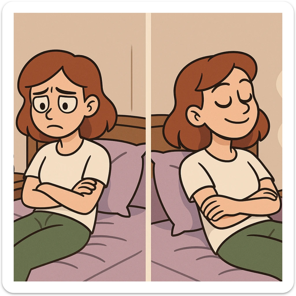 a girl in a bedroom, looking sad, then smelling a scent like from a candle or diffuser, her mood changing to relaxed, cartoon style sticker