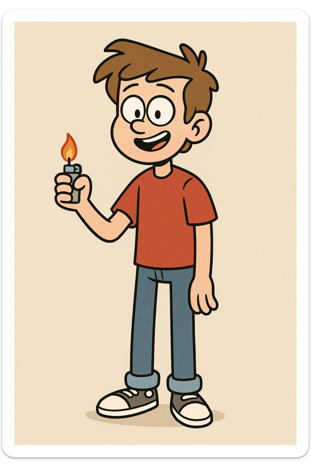 A boy lights brown hair sleeves with Red t-shirts blue jeans white shoes sticker