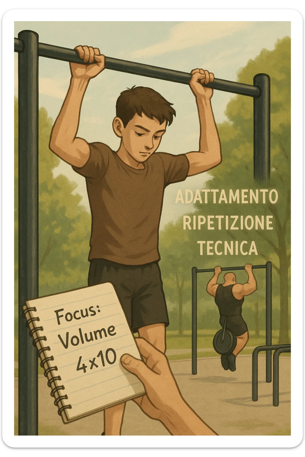 Giovane atleta principiante, fisico asciutto ma non muscoloso, si allena in uno street park con sbarra e parallele. Sta eseguendo serie lunghe di trazioni a corpo libero, concentrato sulla tecnica e sul controllo. Vicino a lui si vede un block notes con scritto a penna 'Focus: Volume, 4x10', mentre in lontananza un altro atleta molto più grosso fa una singola ripetizione con zavorra pesante. Il neofita guarda il suo diario, non gli altri. L’ambiente è sereno, luce naturale, atmosfera di crescita e disciplina. Sullo sfondo si intravedono i concetti scritti in aria con stile metaforico: 'Adattamento', 'Ripetizione', 'Tecnica', fluttuanti accanto a lui sticker