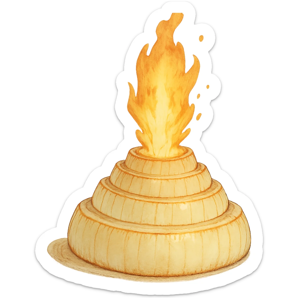 ghibli style illustration of a sliced onion volcano with fire erupting from the top sticker