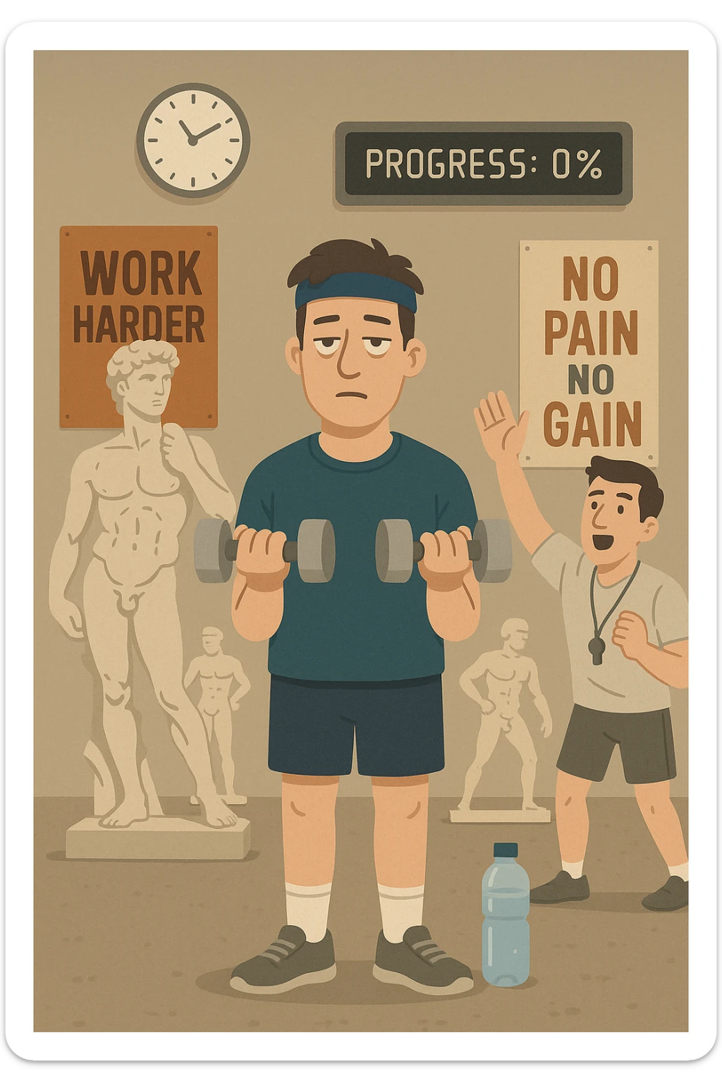 Modern gym scene with a man in sporty clothing lifting light dumbbells with a bored expression. Background with sculpted athletes, trainer encouraging. Wall clock, full water bottle near the man, motivational posters ignored. Digital display showing 'progress: 0%'. Static atmosphere, vertical format. sticker