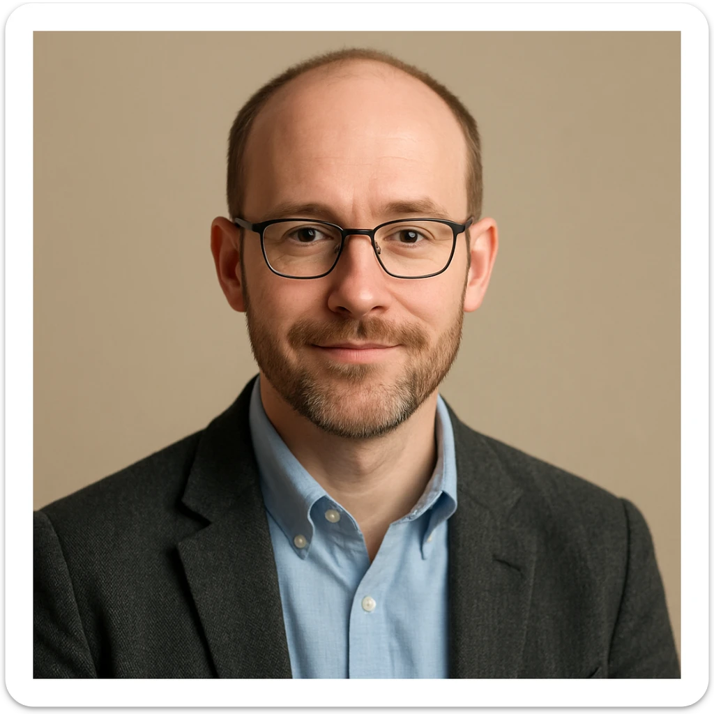 profesor con cabello muy corto, con entradas, barba muy fina y gafas, piel rosada, fondo simple sticker