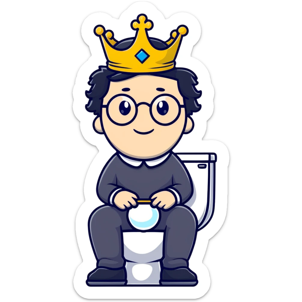 King Charles III with crown sitting on a toilet, wearing round glasses and black hair sticker