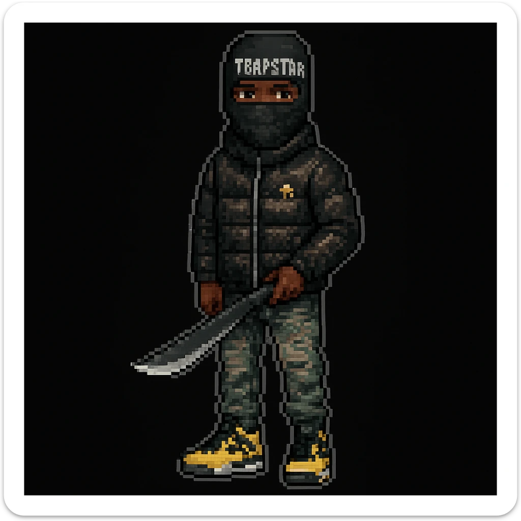 Black person with English appearance wearing a Trapstar balaclava, holding a black machete knife with a light gray blade, wearing a black glossy Moncler puffer jacket, and yellow-black Nike Air Jordan 4 Retro GS sneakers, pixel art style sticker