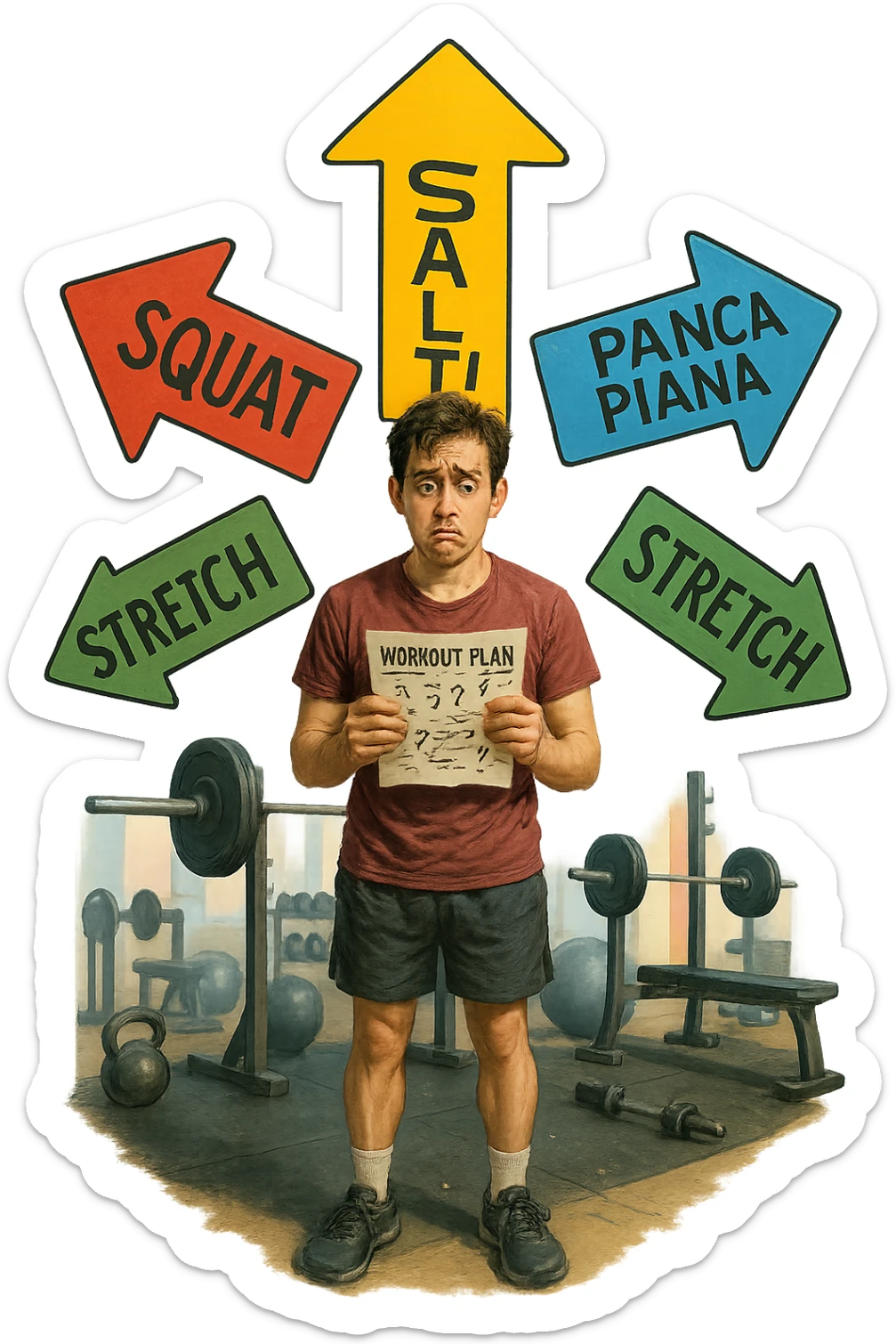 a person stands in the center of a gym, surrounded by arrows pointing in all directions, each labeled with a different exercise (e.g., “squat,” “Salti,” “stretch,” “Panca Piana”). The person looks bewildered, holding a workout plan with scribbles and question marks. The scene is colorful but visually messy, symbolizing confusion. in italiano immagine iperrealistica sticker