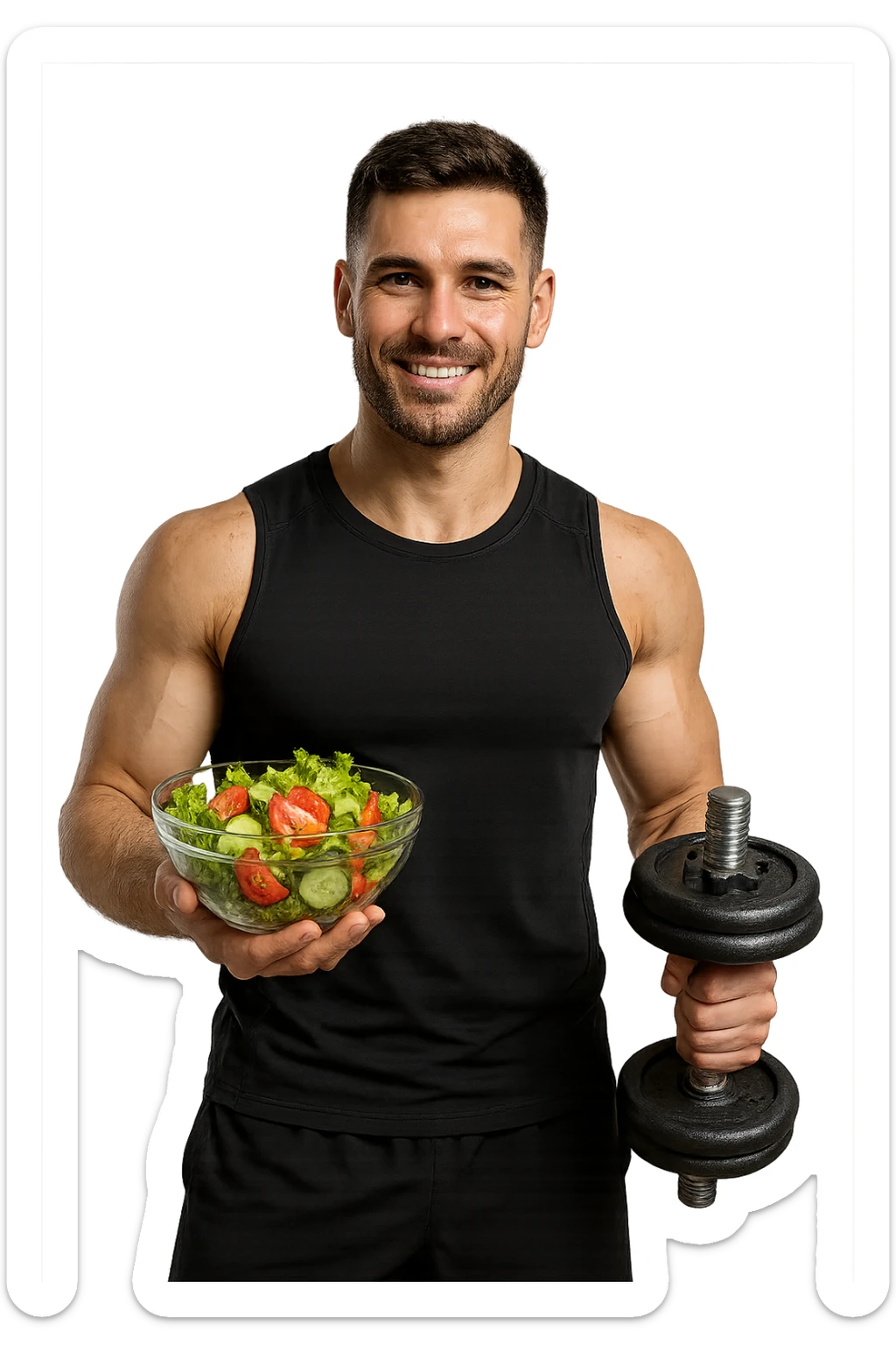 uomo fitness che fa ha un insalata nella mano destra e un manubrio da palestra nella mano sinistra sticker