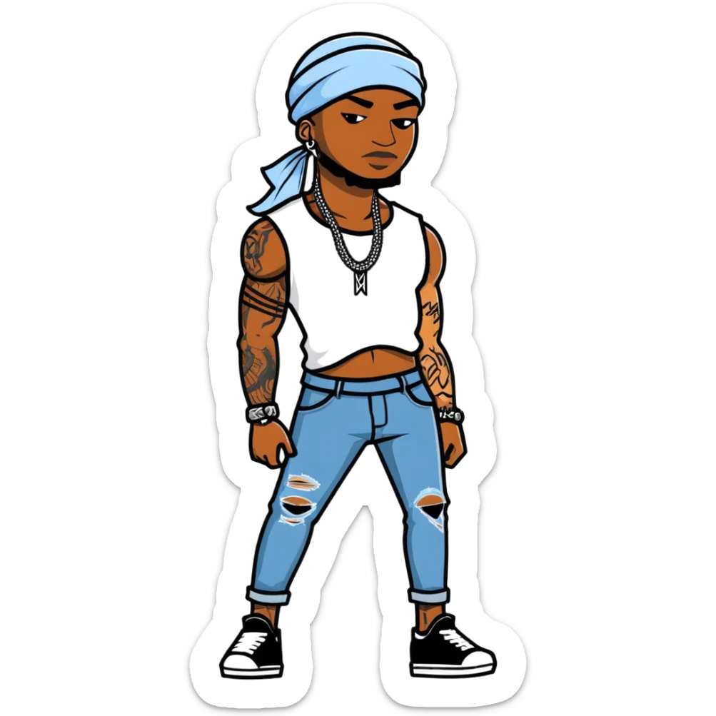 Black man with durag on and ripped skinny jeans with tattoos  sticker