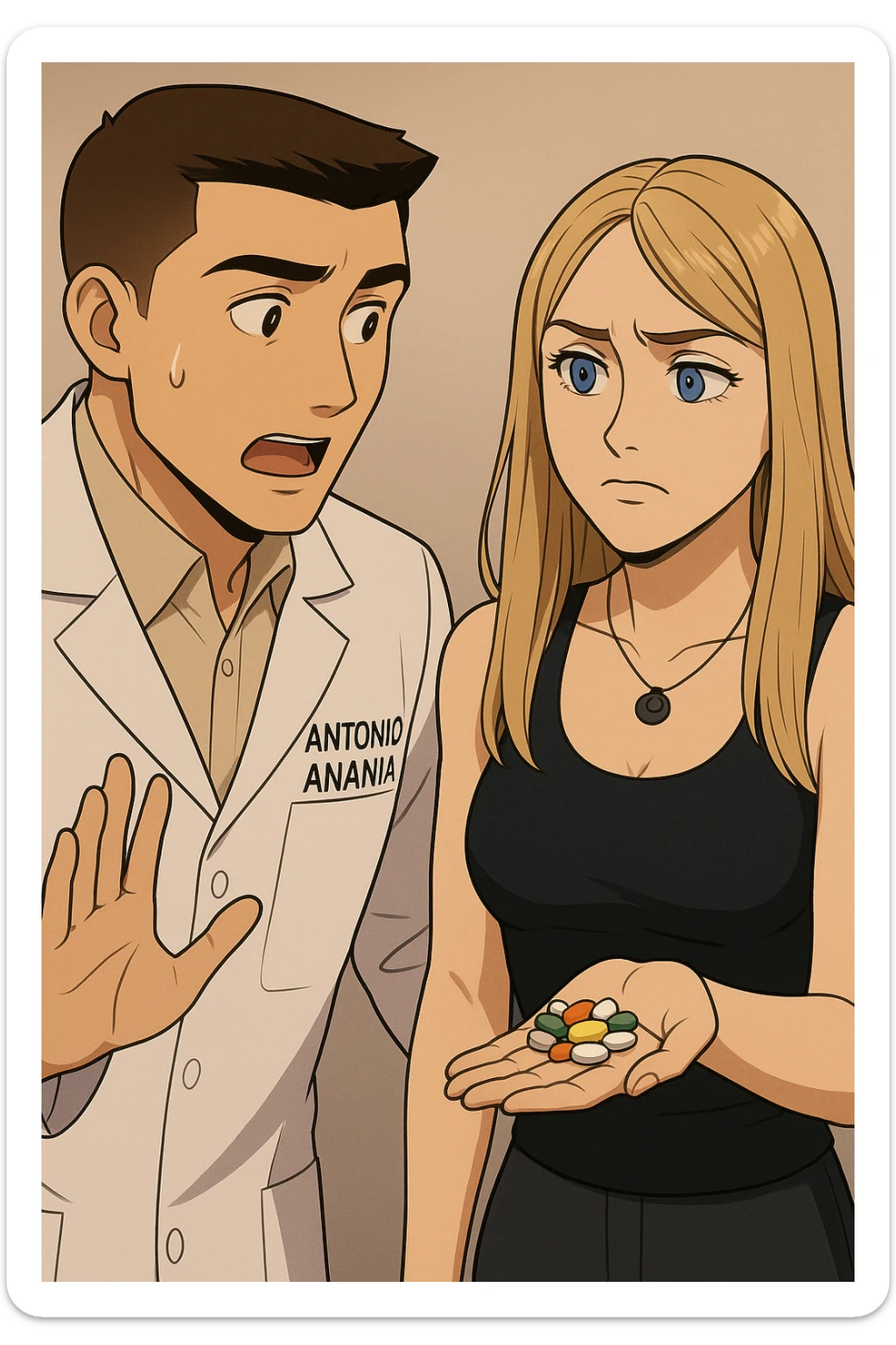fai un webtoon/manga a colori con questo kinesiologo in camice bianco (fagli la scritta "ANTONIO ANANIA" SUL CAMICE) CHE PARLA CON QUESTA RAGAZZA CON GLI OCCHI AZZURRI. LA RAGAZZA HA UN PUGNO DI INTEGRATORI IN MANO (TANTE PILLOLE DIVERSE) E LE GUARDA DUBBIOSA. IL KINESIOLOGO CON IL CAMICE BIANCO LE DOMANDA UNA COSA SCIOCCATO. NON FARE I FUMETTI, FAI SOLO LORO COME SE DIALOGASSERO sticker