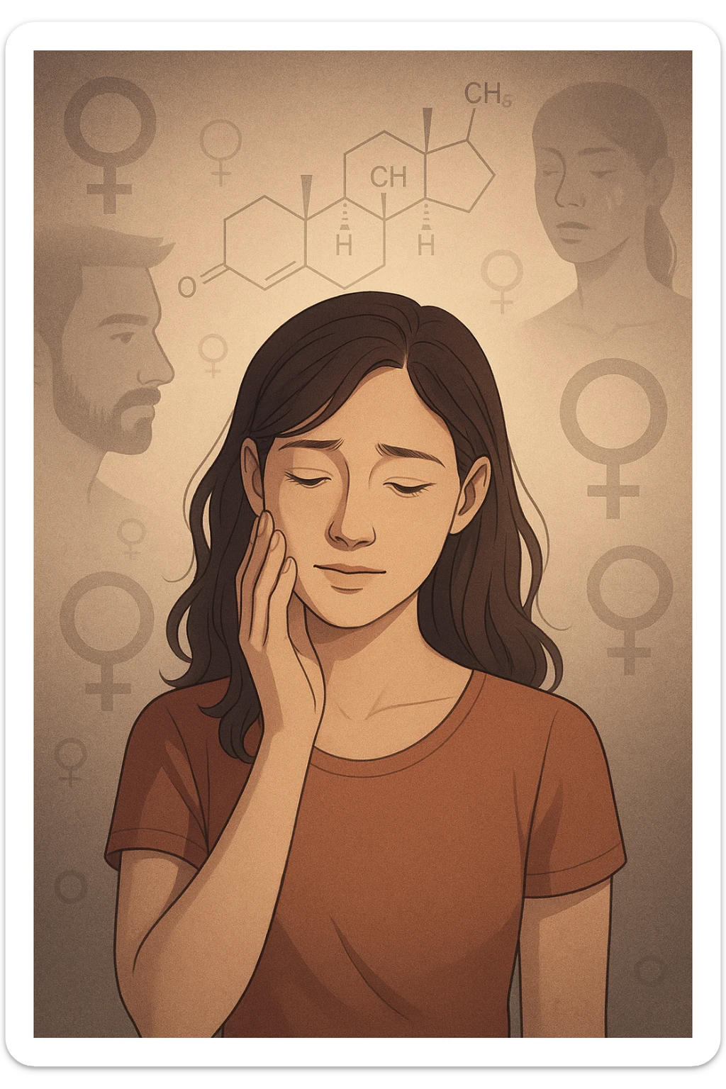A young woman is surrounded by faint overlays of hormonal symbols and androgen molecules, with shadowy images of acne, facial hair, and oily skin projected around her, symbolizing the symptoms of PCOS with androgen excess. She looks down, gently touching her face with a resigned but hopeful expression, symbolizing her journey toward managing these symptoms. sticker