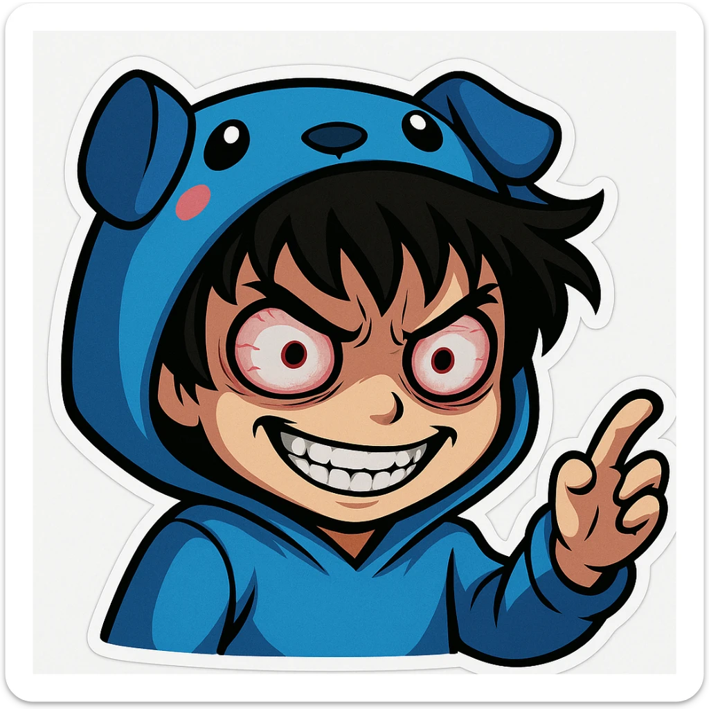 Edit the boy's face to have a scary, wide-eyed expression with a sinister grin, keeping the original cartoon style and quality consistent with chibi stickers style. sticker