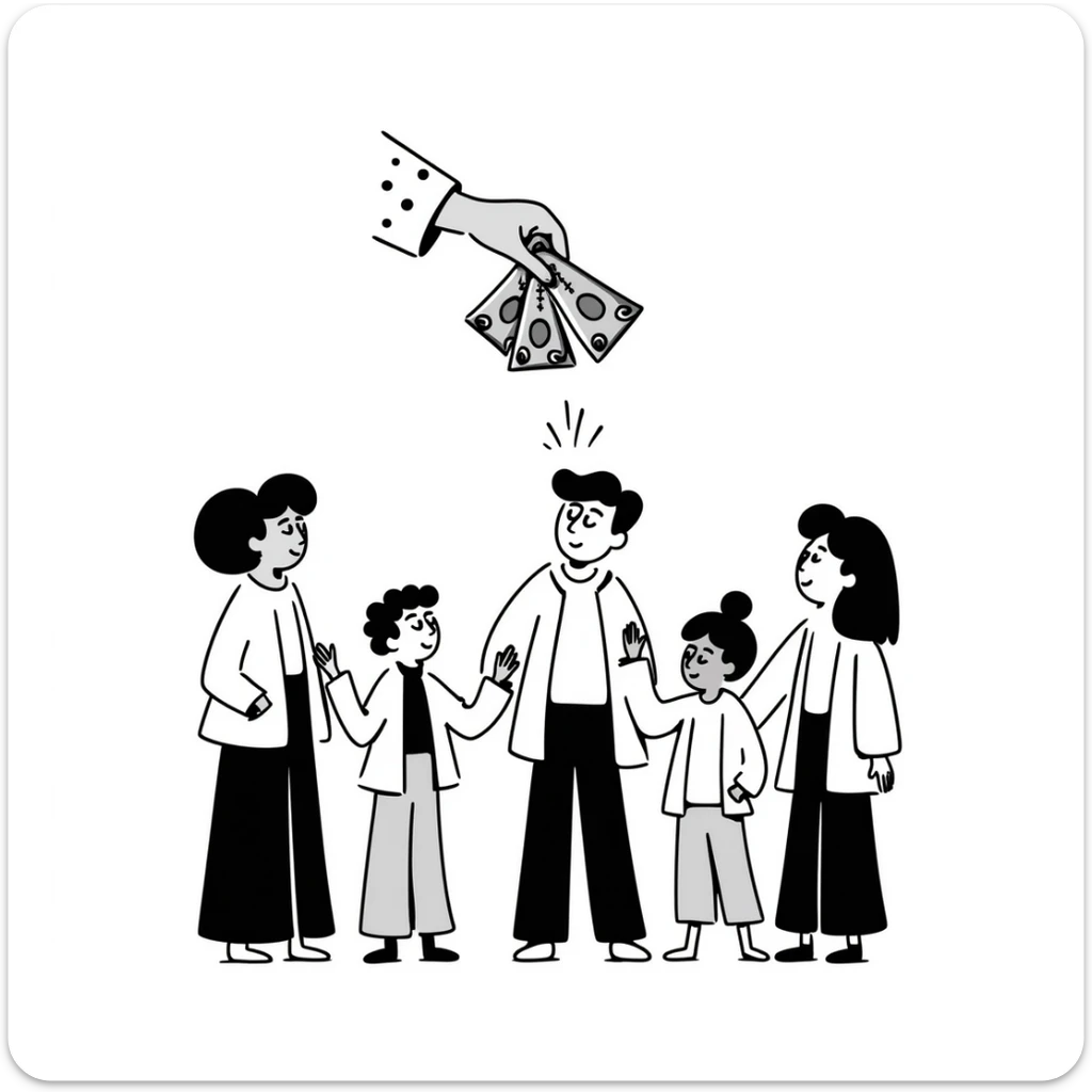 Hand giving money to family members, financial support concept sticker