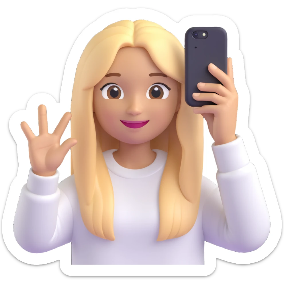 3D emoji style character with long straight blonde hair, light skin, smiling, wearing a light sweater, selfie pose sticker