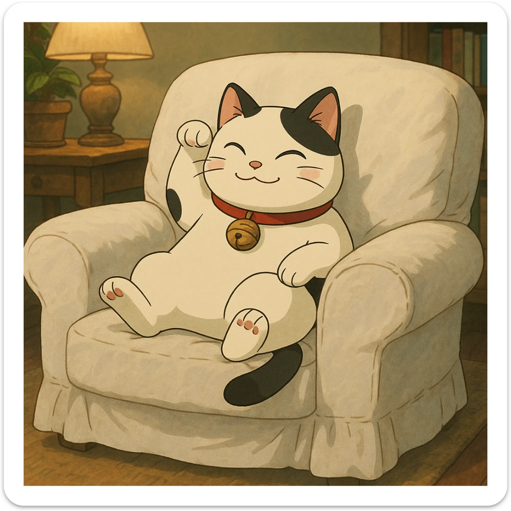 White and black Chinese lucky cat on a cozy white armchair  sticker