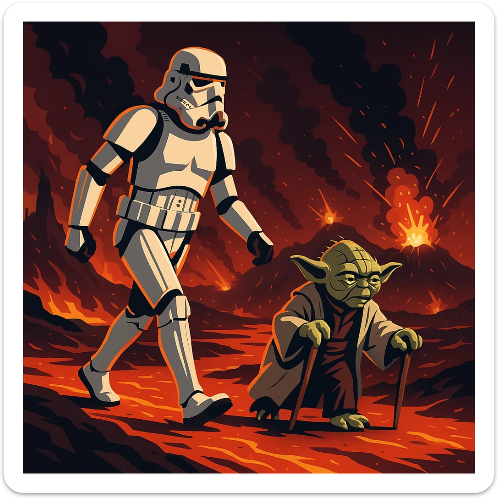 vector art of a Starwars stormtroopers is walking on lava planet with yoda, battleground background 
 sticker