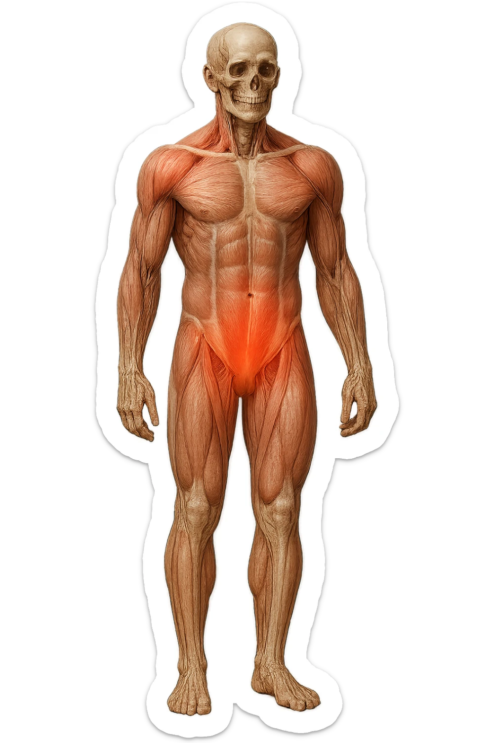 CORPO UMANO ANATOMICO A FIGURA INTERA REALISTICO DI SPALLE CON DOLORE ALLA LOMBARE INFIAMMATA, DOLORE ALL'ANCA, IPERREALISTICO 4K sticker