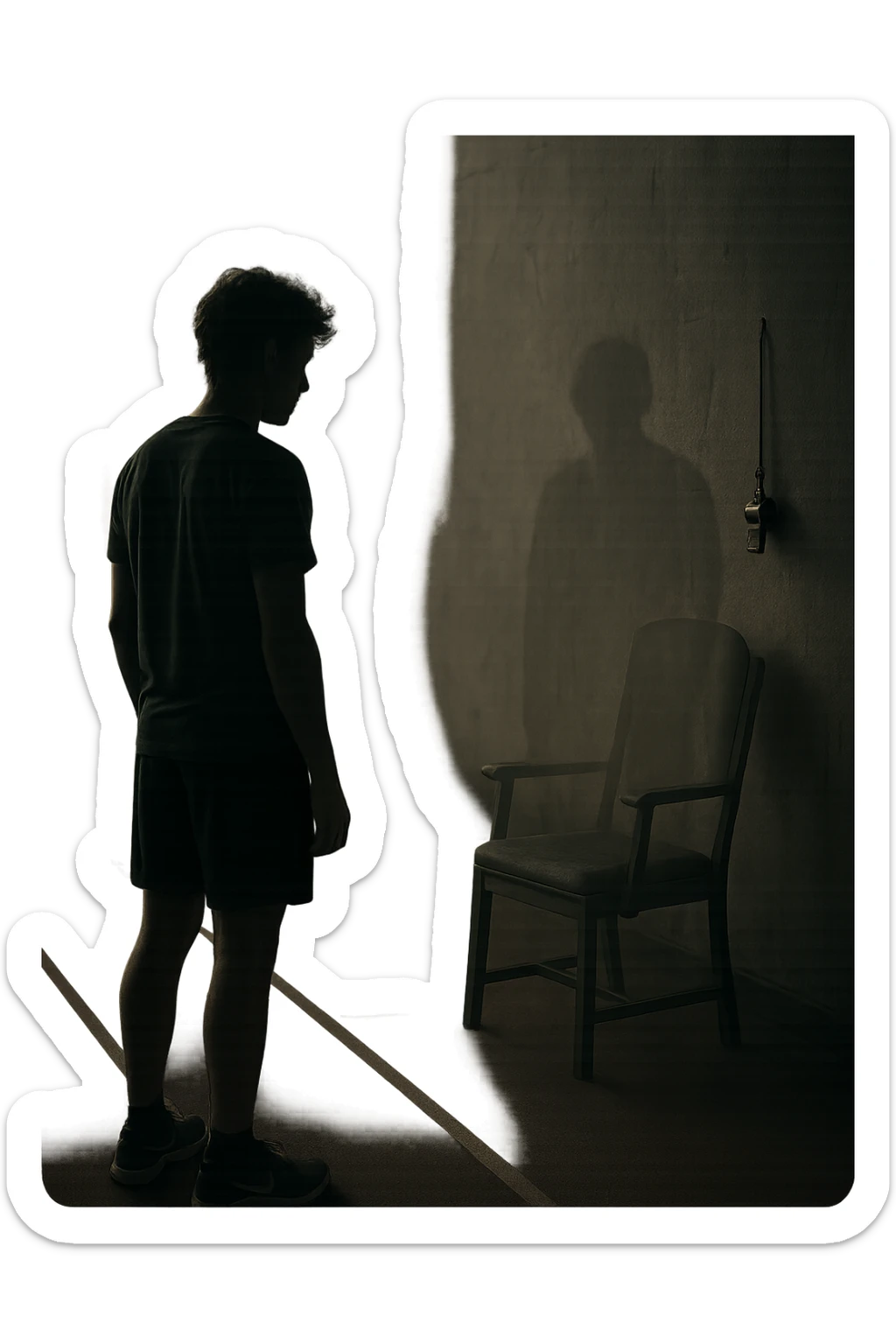 cinematic a person stands alone on a running track or in a fitness studio, glancing toward an empty coach’s chair or whistle hanging on a hook. The absence of the coach is emphasized by a faint, transparent silhouette or shadow where the coach should be. The atmosphere is quiet and a bit disheartened. sticker