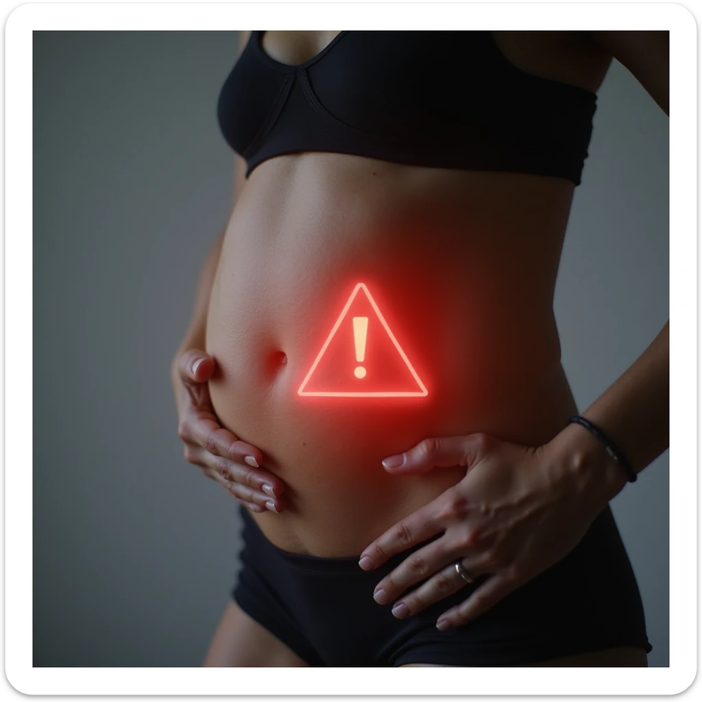 close-up of woman with PCOS, serious look, abdominal area highlighted by glowing halo and red warning icon, Italian text: 'Grasso sulla pancia? Campanello d’allarme metabolico', neutral background, 4K quality sticker