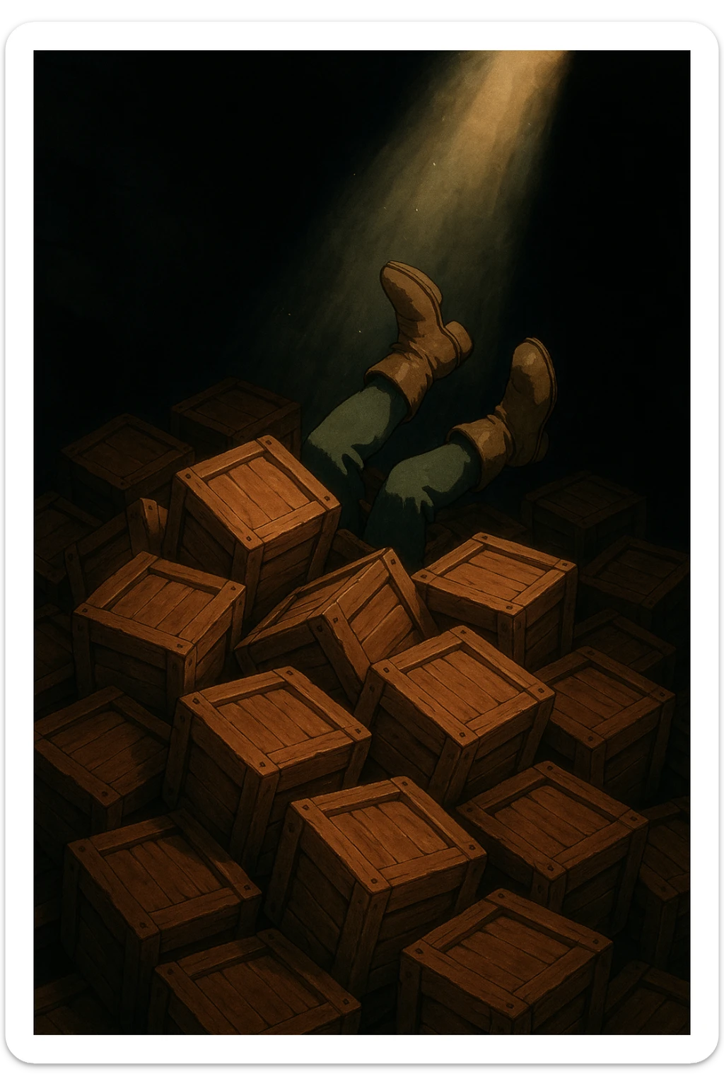 A pile of small oblong crates hidden in a dark area with a beam of light shining from above, with someone’s boots sticking out like they dove in sticker