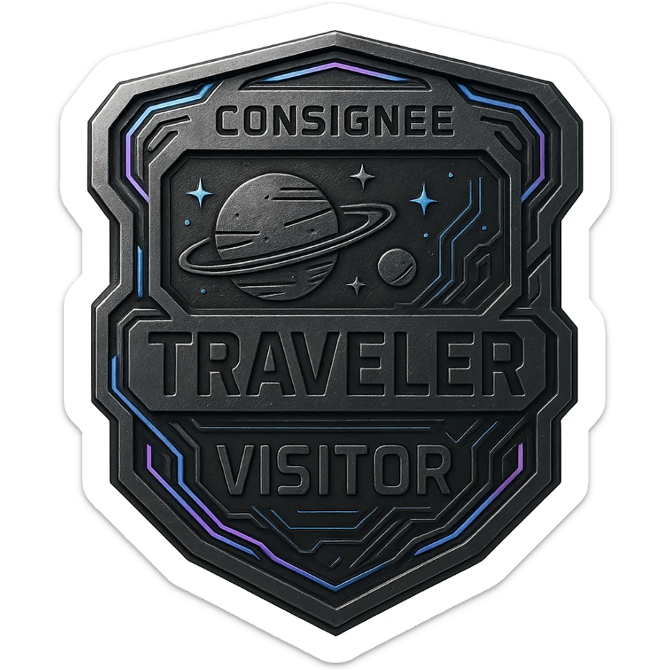 a metal insignia badge for a consignee traveler visitor, space scifi-futuristic cyberpunk futurepunk sticker