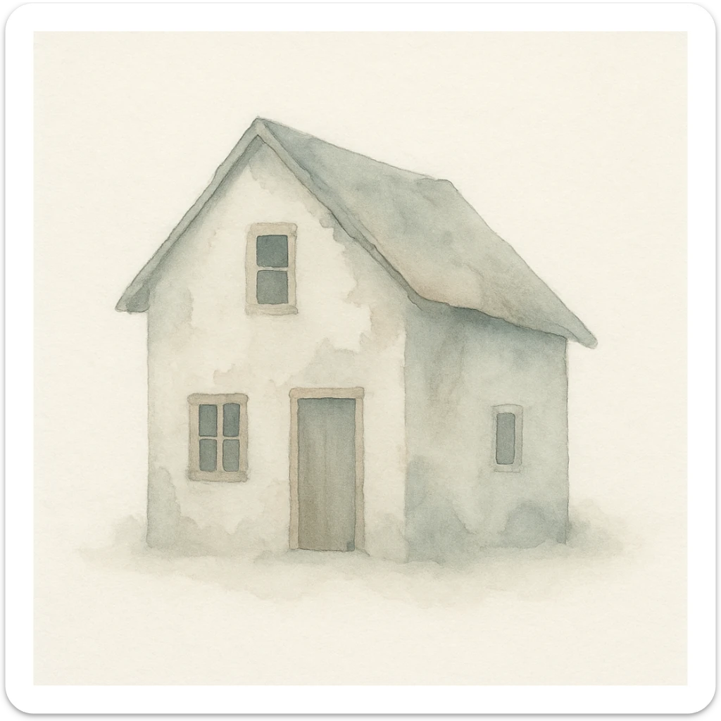 shabby house, cozy watercolor style, peeling paint, crooked roof sticker