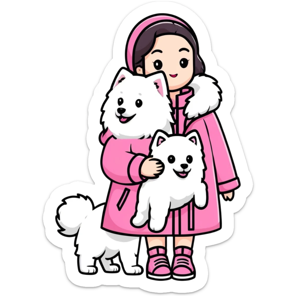 girl in pink Chanel-style outfit with white Samoyed dog sticker