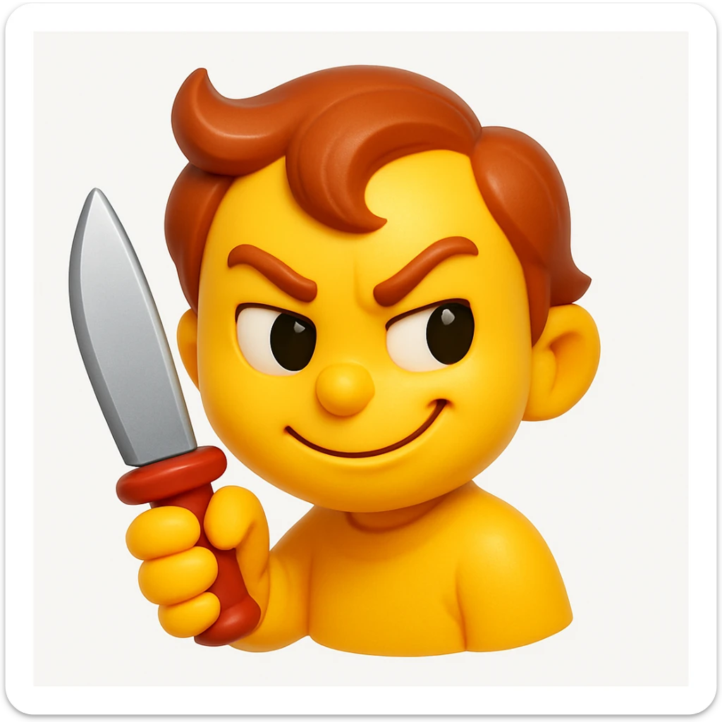 A 3D emoji in iOS emoji aesthetic style of a mischievous character holding a toy knife, with a playful smirk and cartoonish expression, not scary, bright colors, glossy surface, soft lighting, clean white background.
 sticker